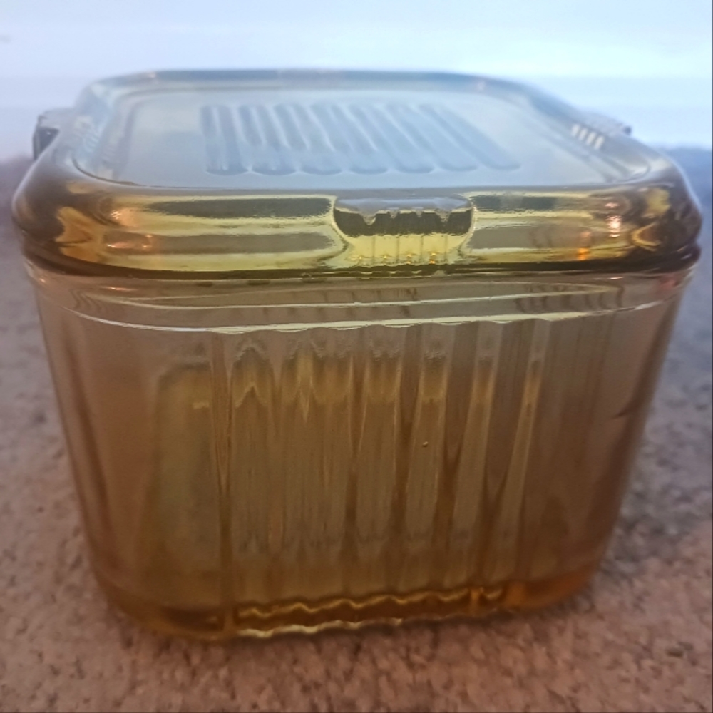 Vintage Federal Glass Amber Ribbed Refrigerator Container with Lid
